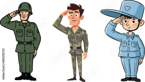 Cartoon soldiers saluting in different military uniforms, army characters standing at attention, diverse illustrated servicemen for education, design, animation projects