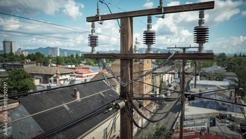 An electrical utility pole with intricate wiring, insulators, and transformers, set above an urban street, ultra-detailed textures of cables and equipment, perfect for industrial 