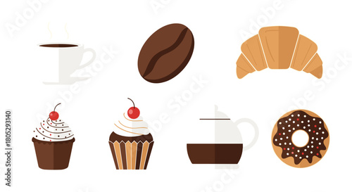 Illustration of coffee cup, coffee bean, croissant, cupcakes, and donut displayed on white background