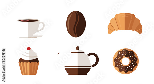 Illustration of a coffee cup, coffee bean, croissant, cupcake, teapot and donut on a white background
