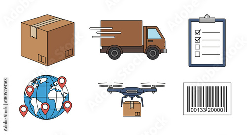 Illustration depicting various aspects of delivery including package truck drone and global shipping routes