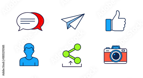 Illustration of social media icons including message, paper plane, like, user, share and camera