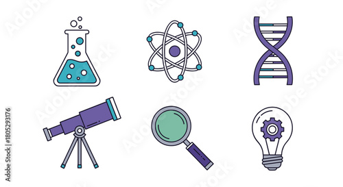 Illustration of science related objects including a flask dna telescope and more items present