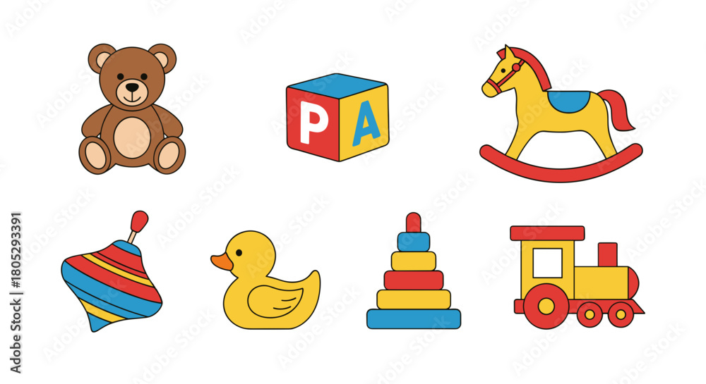 Obraz premium Illustration of a collection of classic children's toys including a teddy bear and rocking horse toy