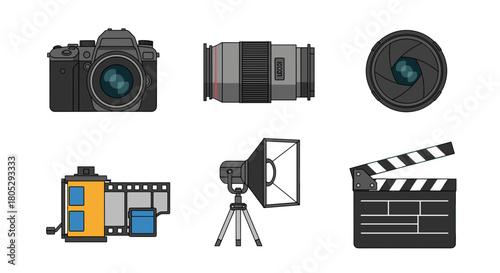 Illustration featuring a camera lens film light and clapperboard in a photography theme with equipment 100
