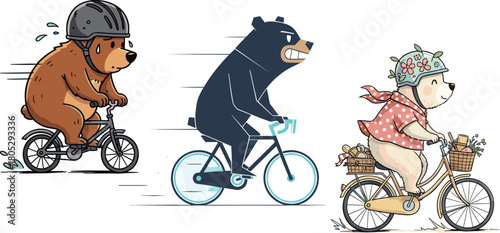 Cute bears riding bicycles, funny animal cycling characters, adorable cartoon wildlife on bikes, playful illustration of sporty bears enjoying outdoor biking adventure