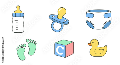 Illustration of baby items including a bottle, pacifier, diaper, footprints, block and duck toy