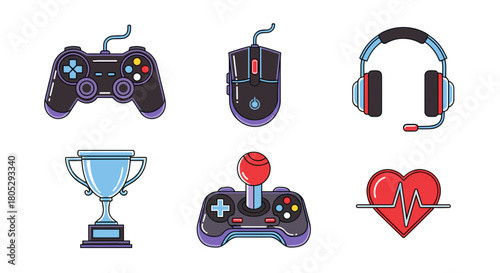 Illustration of gaming peripherals including a controller mouse headset trophy and joystick heart beat