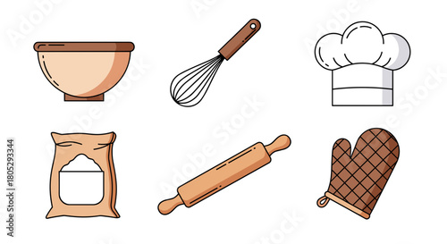 Illustration of baking utensils including a bowl whisk chef's hat flour rolling pin and oven mitt
