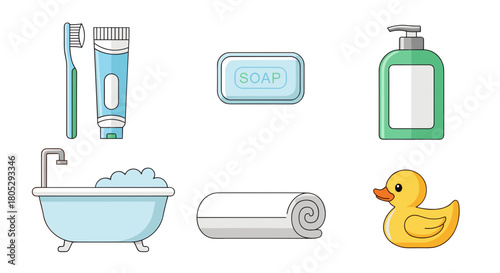 Illustration of bathroom items including a bathtub, soap, towel, and a rubber ducky with accessories