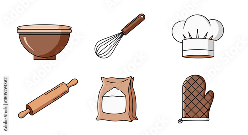 Illustration showing a mixing bowl, whisk, chef's hat, rolling pin, flour bag, and oven mitt, all in a row