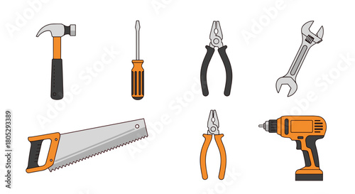 Illustration showing an assortment of tools including a hammer, saw, pliers, and screwdriver