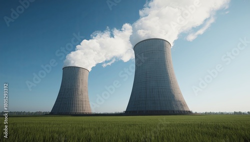 A coal power plant cooling tower with light smoke rising into the blue sky, green grass in the foreground, minimal composition, ultra-detailed textures, and sharp industrial clarity