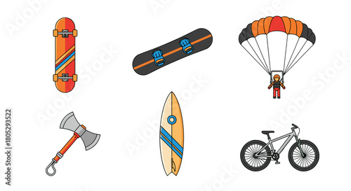 Illustration featuring a skateboard snowboard parachute axe surfboard and bicycle on a white background