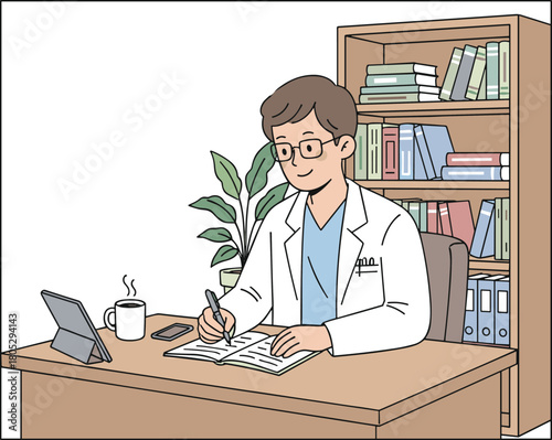Doctor working at office desk, writing medical notes, healthcare professional illustration, clinic workspace, medical documentation, modern hospital environment, physician practice scene