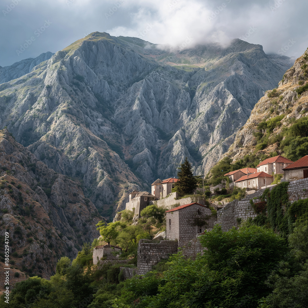 Obraz premium landschaft, berg, anreisen, dorf, pueblo, natur, europa, architektur, anblick, himmel, stadt, burg, bauwerk, green, fremdenverkehr, italien, sommer, hills, kirche, haus, -täler, alpen, montenegro, ori