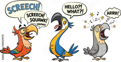 Funny cartoon parrots shouting loud sounds, colorful birds making noises, talking parrots illustration, playful avian characters, comic wildlife artwork for designs