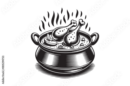 Vintage style illustration of chicken stew cooking in a pot