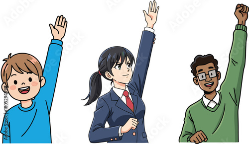 Happy diverse people raising hands, confident characters posing upward, enthusiastic teamwork gesture, joyful cartoon individuals showing positivity, motivation and success expression illustration