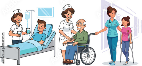 Medical care illustration with nurses assisting patients, hospital staff helping elderly and injured people, healthcare support, rehabilitation, nurse and patient interaction