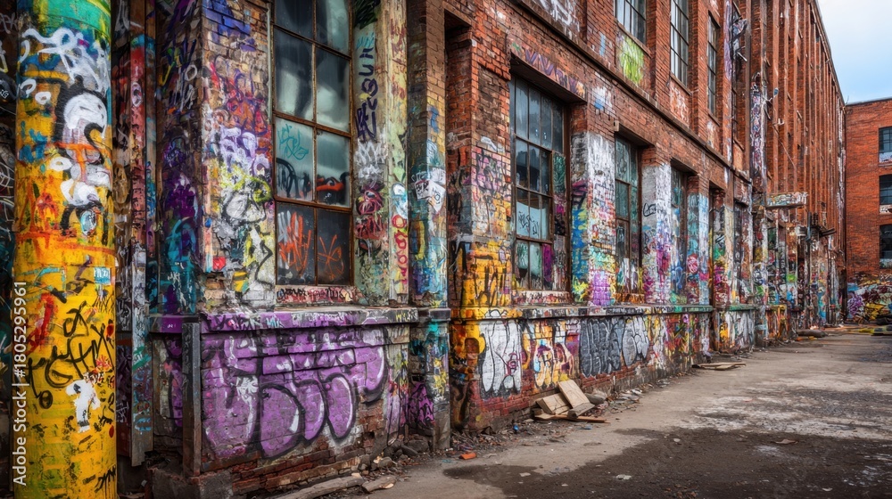 Fototapeta premium Vibrant graffiti art fills the walls of an old warehouse showcasing a mix of colors and styles. The surrounding area is gritty highlighting urban decay and creativity.