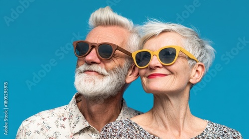 A man and a woman are wearing sunglasses and smiling at the camera. The man is wearing a brown shirt and the woman is wearing a yellow shirt