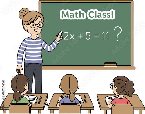 Teacher explaining math equation on chalkboard, classroom learning scene with students, education illustration showing lesson, school teaching concept artwork