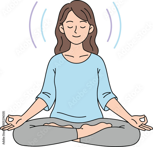 Woman practicing meditation in lotus pose, peaceful mindfulness illustration, mental wellness, yoga relaxation, calm breathing exercise, stress relief activity, lifestyle health concept