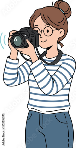 Woman photographer taking pictures with digital camera, creative hobby illustration, female artist shooting photos, photography enthusiast character, casual lifestyle concept