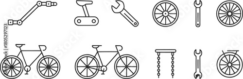 Bicycle Parts and Repair Icon Set – 12 Minimalist Line Icons of Bikes, Wheels, Wrenches, Chains, Pedals, Frames, Cycling Tools, Bike Maintenance, and Mechanical Components