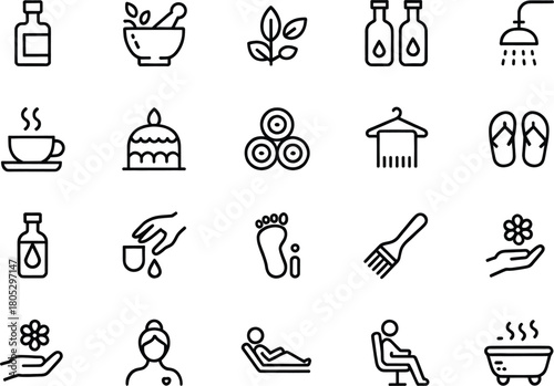 Spa and Wellness Icon Set – 20 Minimalist Line Icons of Aromatherapy, Massage, Essential Oils, Relaxation, Foot Spa, Tea, Shower, Beauty Treatments, Self-Care, and Wellness Therapy