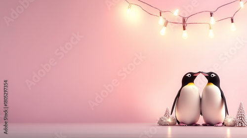 In Love Penguins for Christmas on pink background