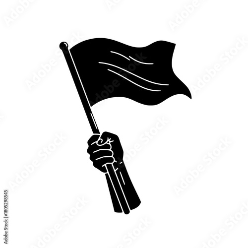 Bold graphic of a hand holding high a black flag of freedom, hope, and change for corporate branding, social justice, and revolutionary movements