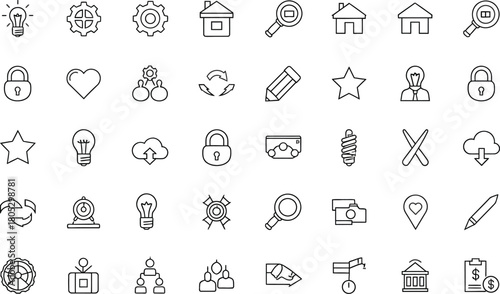 Collection of hand drawn line art icons representing various concepts and ideas in a simple doodle style