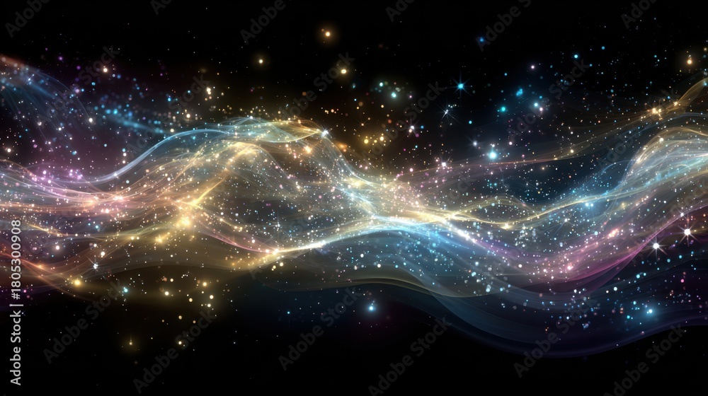 Fototapeta premium A colorful wave of stars in the sky. The stars are of different colors and sizes, creating a sense of movement and energy. The image evokes a feeling of wonder and awe at the vastness of the universe
