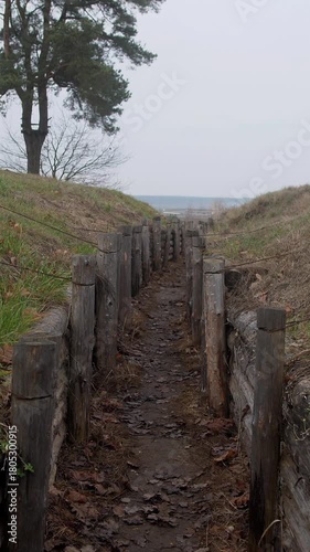 archaeologist examines landscape quietly, horizon features lone tree in foggy field, quiet archaeological survey of grassy embankments leading to distant fog and lone tree on horizon