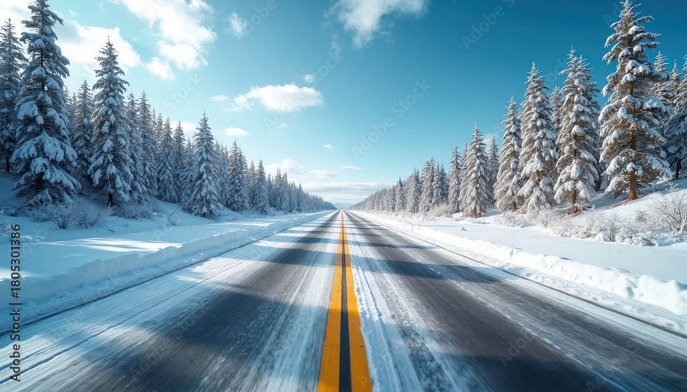 Fototapeta premium Empty asphalt road with double yellow lines splits through snow covered pine forest under bright blue sky. Cold winter day suggests travel or escape.