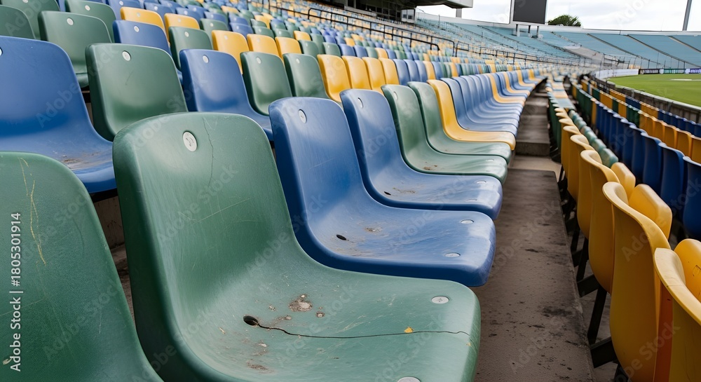 Fototapeta premium Colorful stadium seating, green blue and yellow, ready for crowds, excitement builds, vibrant sports scene, anticipation rises, team spirit, event time
