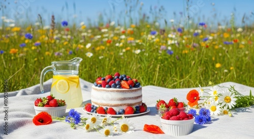 Fototapeta Naklejka Na Ścianę i Meble -  Summer picnic with cake and lemonade in a wildflower meadow