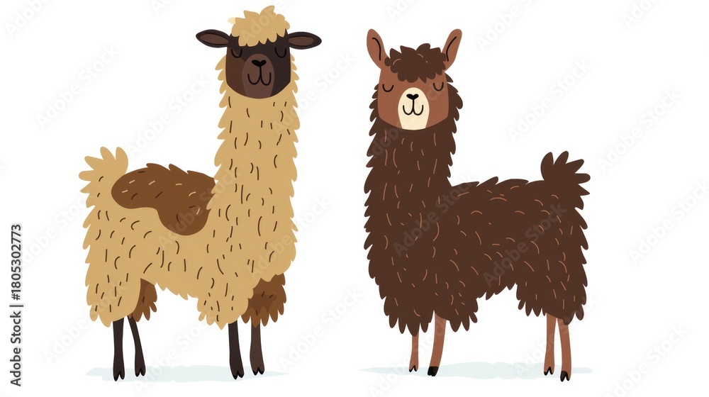 Obraz premium Cute cartoon alpacas with fluffy wool isolated on light background