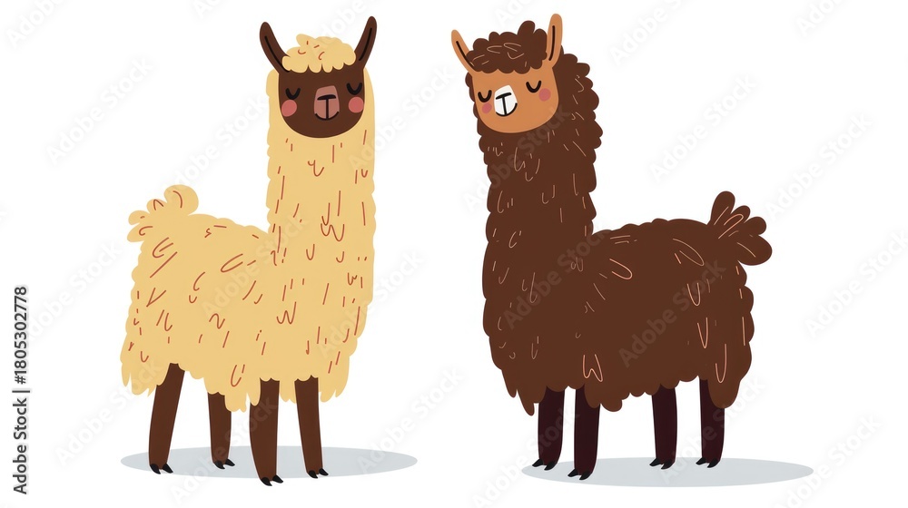 Fototapeta premium Cute cartoon alpacas with fluffy wool isolated on light background