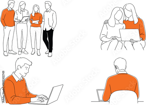 Fototapeta Collection of four scenes showing young people working on laptops and standing together flat vector illustration isolated on white