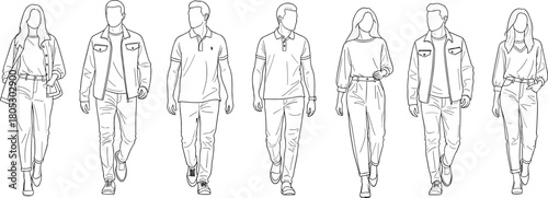 Fotografija Collection of seven young men and women walking forward wearing casual fashion clothes line art vector illustration isolated on white