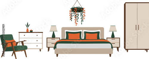 Εκτύπωση καμβά Cozy bedroom interior scene with double bed wardrobe armchair and chest of drawers flat vector illustration isolated on white background