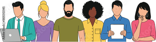 Slika na platnu Diverse group of six young professional men and women standing together holding laptop and tablet flat vector illustration isolated