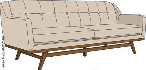 Fototapeta Mid-century modern beige sofa with tufted back and wooden legs flat vector illustration isolated on white background