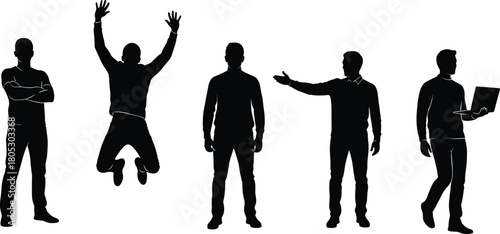 Slika na platnu Set of five black silhouettes of men in different poses like jumping standing and holding laptop isolated on white