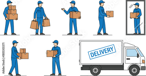 Fotografija Set of delivery man character in blue uniform holding boxes and bags with truck flat vector illustration isolated