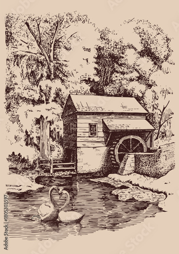 Rural landscape with mill.  Vector hand drawn vintage engraved sketch.
