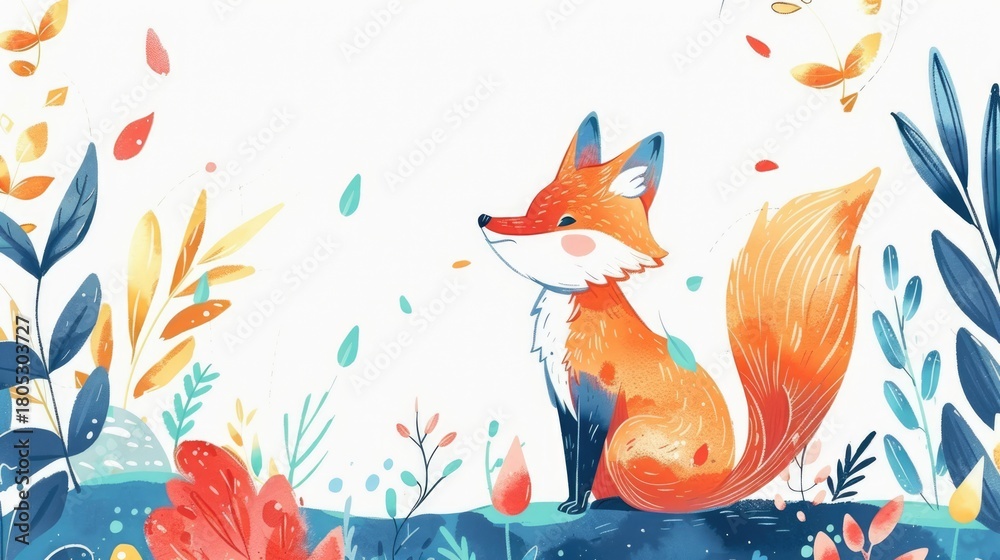Naklejka premium Watercolor fox with orange fur standing among colorful leaves and plants illustration